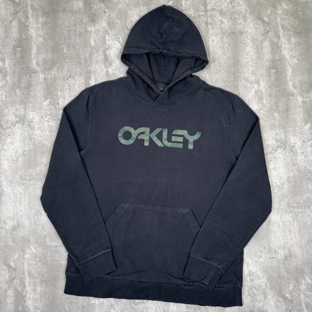 Oakley Logo Hoodie Mens Medium Black Tech Drawstring Sweatshirt Skate Street Y2K